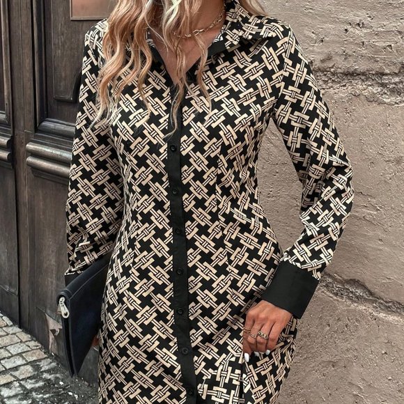 . Dresses & Skirts - Multicolor Preppy Womens Allover Print Button Front Shirt Dress